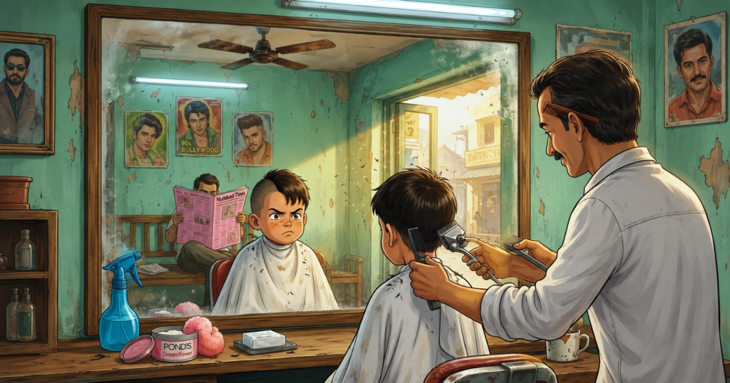Barber cutting hair and funny barber shop situations with customer looking in mirror