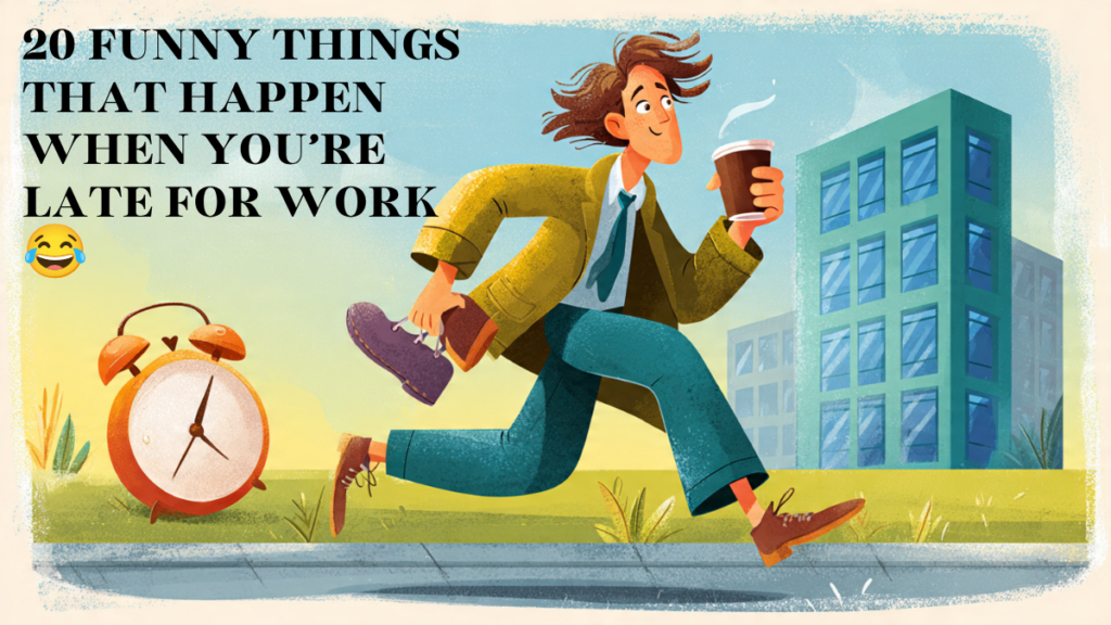 Person running late for work with coffee and shoe, funny cartoon illustration