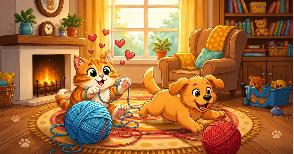 A funny dog and a cat arguing in a cartoon style
