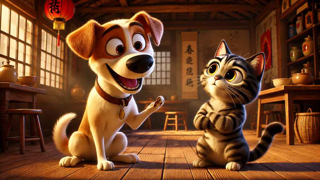 A funny story between a dog and a cat named Rex and Mashmash talking and joking together