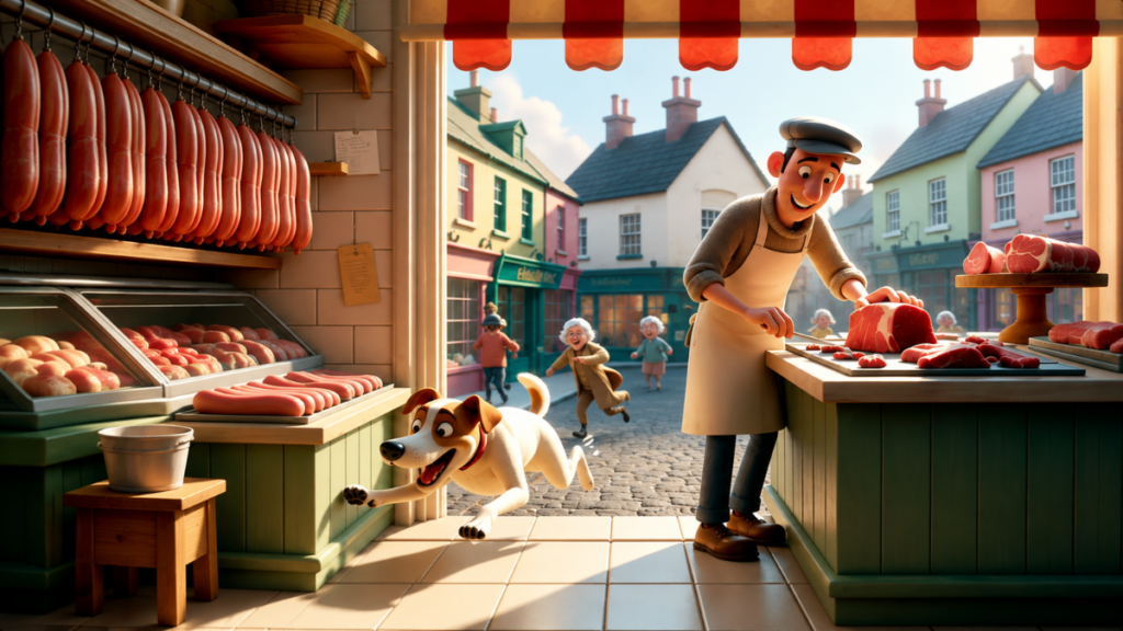 funny dog stealing sausages from butcher shop
