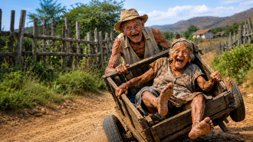 hilarious once in a lifetime situation with elderly couple on wooden cart on dirt road