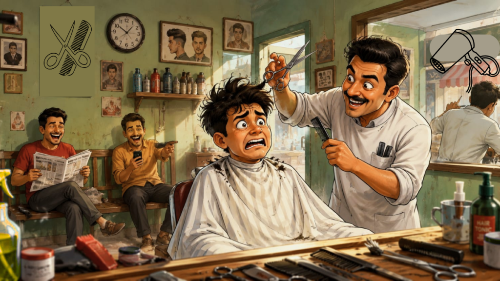 Funny barber shop situations with customer surprised by haircut
