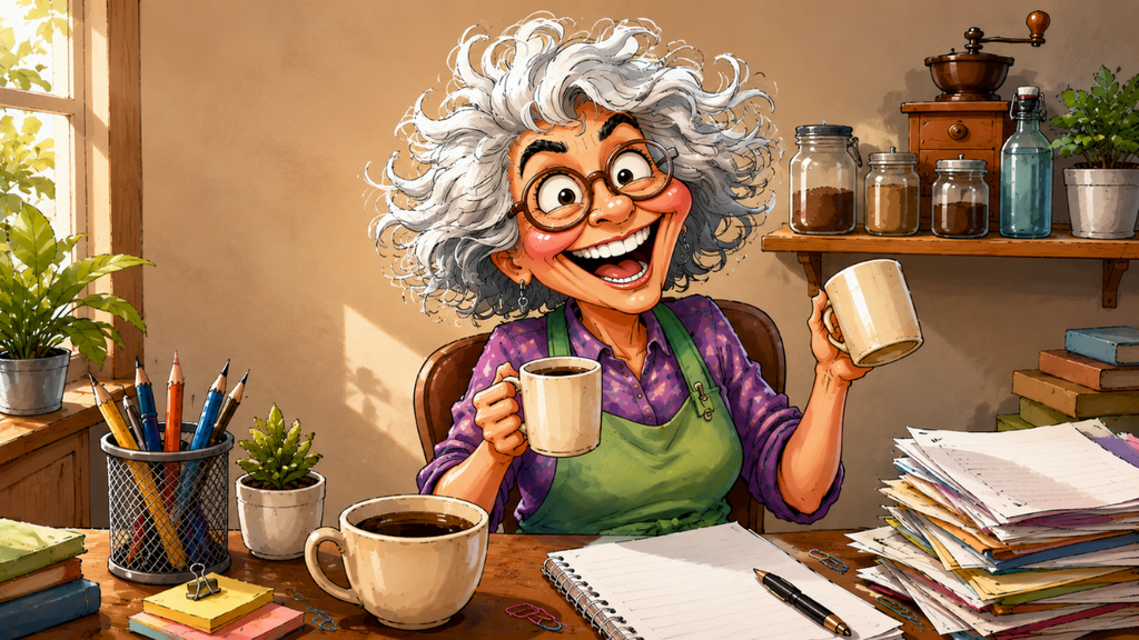 Woman at desk with two cups of coffee - funny moments at work