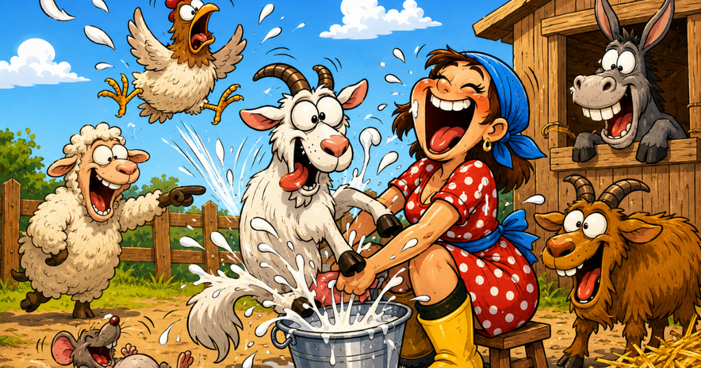 A laughing girl with a blue headscarf and a funny donkey in a barn, part of funny moments on the farm
