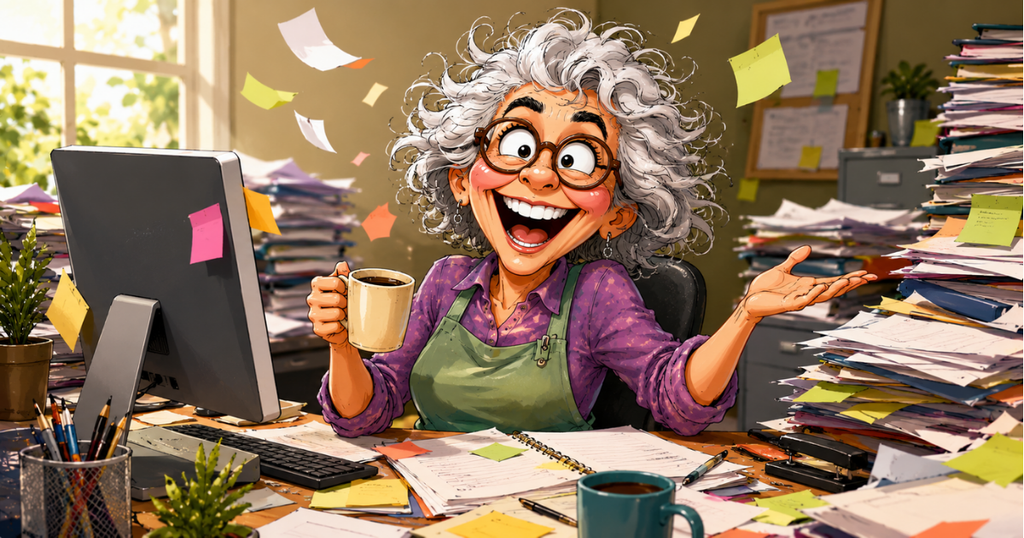 Overwhelmed employee with piles of paperwork and documents in office - funny work moment
