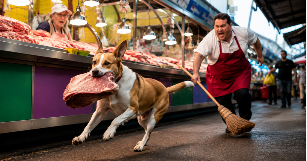 funny story at the butcher shop dog stealing meat