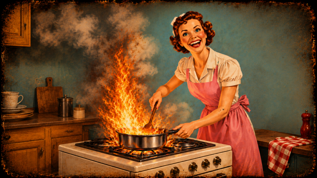 A cheerful woman cooking while flames burst from the stove behind her, representing cooking mistakes and kitchen disasters