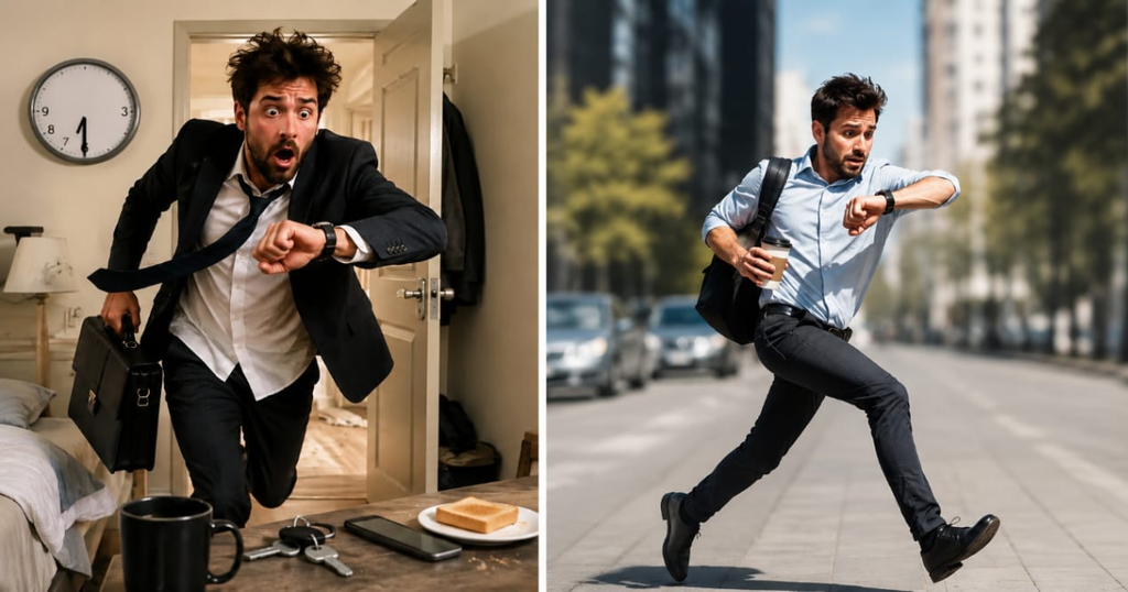 man running late for work
