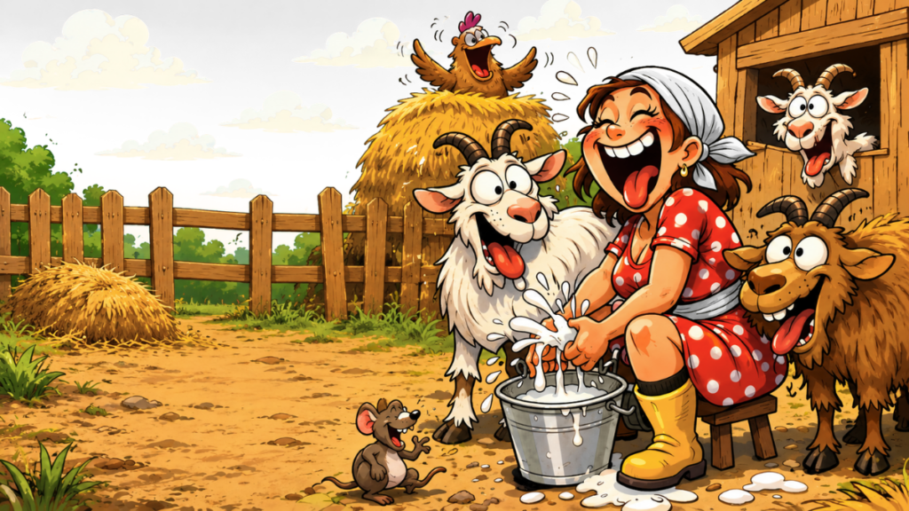 A girl in a red dress trying to milk a goat on a farm with a bucket and funny animals watching
