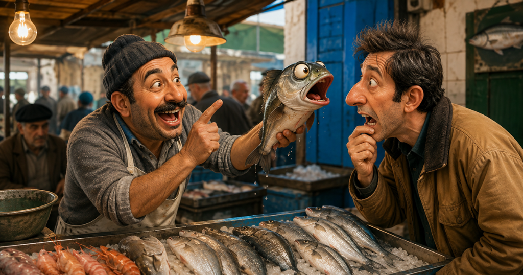 funny dialogue between fish seller and customer in the market