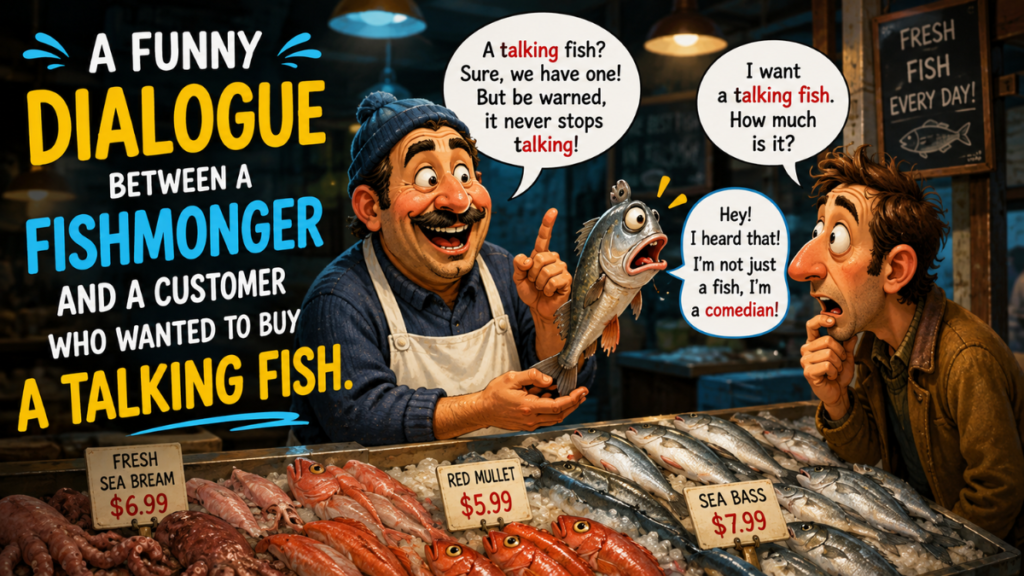 A funny dialogue between the fish seller and the customer in the market