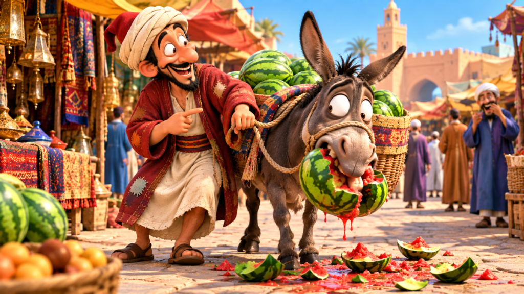 Juha in a traditional market with a donkey eating a watermelon