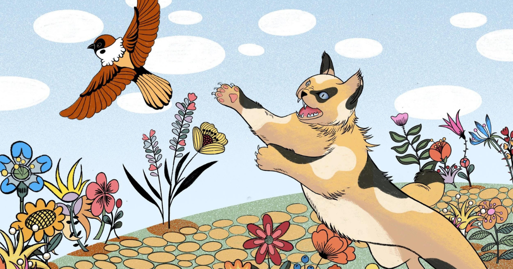 cat and bird story - Mushmush the cat chasing Zizou the sparrow