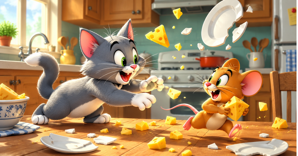 A funny cat and mouse story with Oliver the cat and Max the mouse fighting over cheese in the kitchen