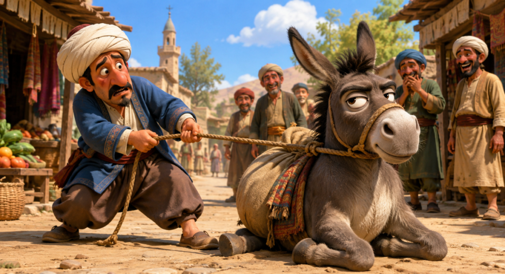 juha and his donkey story - Juha and his stubborn donkey in the market