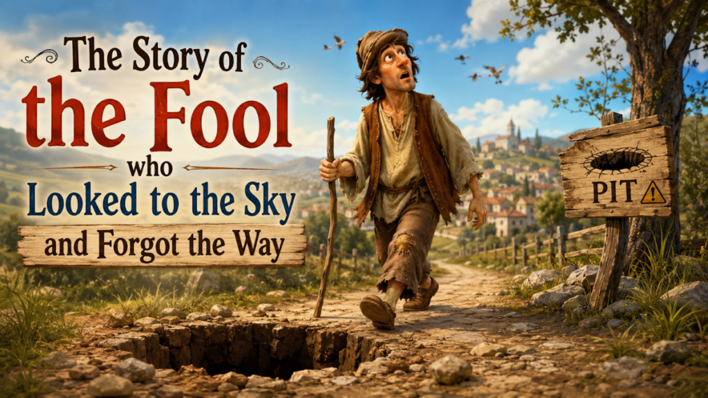 Illustration of the story of the fool who looked to the sky and forgot the way, falling into a pit while looking at clouds