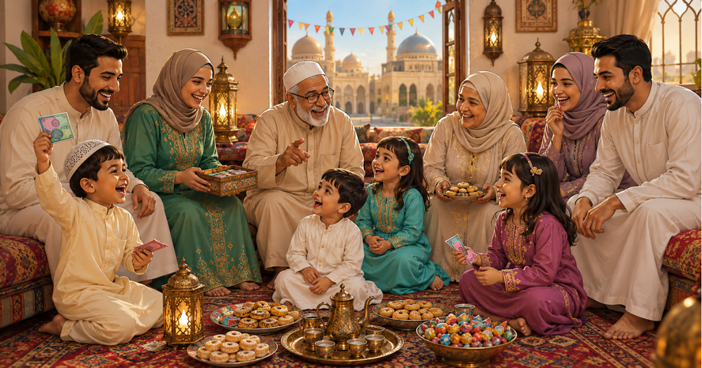 funny story Eid al-Fitr family gathering with sweets and laughter